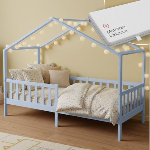 Bellabino Bia Hausbett 90x200 cm, Blau, mit Matratze, Kiefer Massivholz | Montessori Kinderbett mit Rausfallschutz, mit Lattenrost, für Jungen & Mädchen, Holzbett, Kinderzimmermöbel, Bettgestell