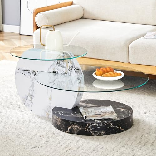 JUFU Couchtisch rund 2er Set Glas, Wohnzimmertisch mit Stauraum modern, Kaffeetisch mit Oberfläche aus Hartglas und MDF Gestell in Marmoroptik (Weiß+Schwarz)