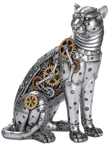 GILDE Steampunk Leopard Figur aus Kunstharz - silberfarben - Zahnradmotiv - Höhe 25cm x Breite 19cm