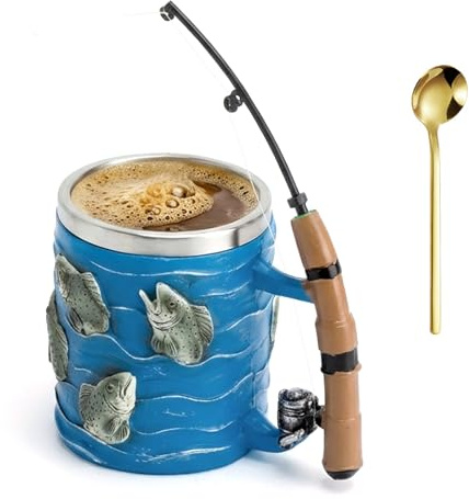 KQDRAVINE Fishing Mug, Funny Fishing Rod & Reel Design Coffee Mug, Resin Water Cup with Simulated Fishings Line Decoration and Rotating Rod Shaped Handle, Fishings Gift for Men, for Tea Wine Juice