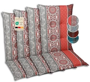 GO-DE Textil Bequeme und attraktive Polsterauflagen für Mittellehner-Gartenstühle (4er-Set, Ornamentstreifen rot, Mittellehner)