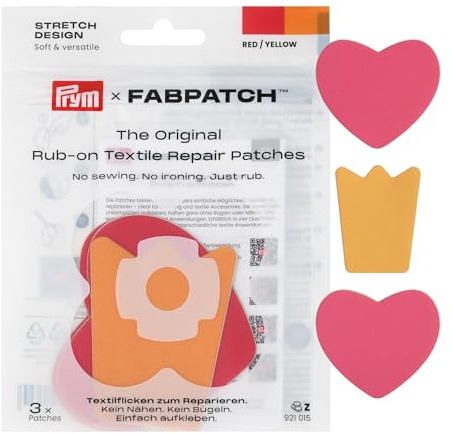 Prym 921015 FabPatch STRETCH Design Rub-on Patch Krone, Herz (3 Stück) – Selbstklebende bi-elastische Design-Reparaturflicken für Sportbekleidung, Leggings, Jacken & Sneaker – Ohne Nähen & Bügeln