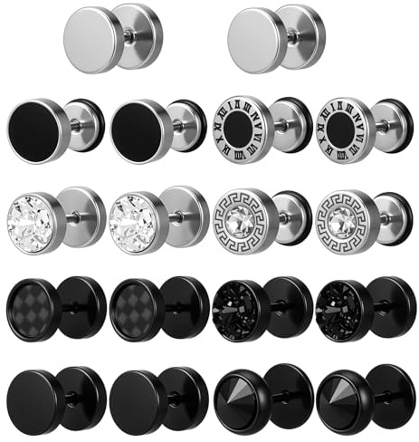 Lot de 9 paires de faux écarteurs ronds pour homme et femme - Aspect réaliste - Bijou tunnel d'oreille argenté