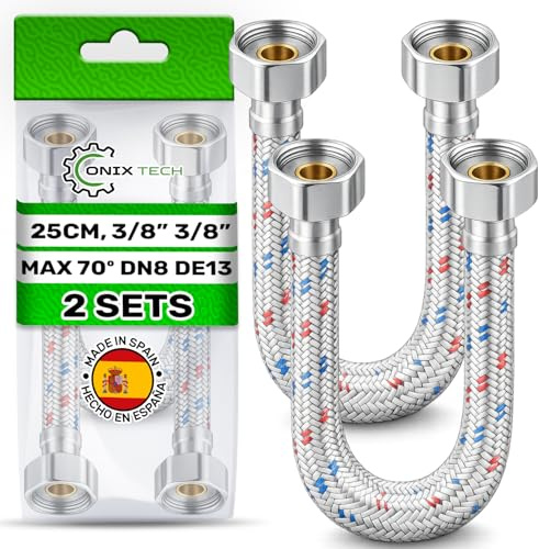 2 Stück Panzerschlauch 25cm Innengewinde 3/8 x 3/8 zoll DN8 DE13 max 70°C | Flexschlauch Hergestellt aus Edelstahl Betriebsdruck 10 bar - Garantie 5 Jahre - MADE IN SPAIN - ONIX TECH