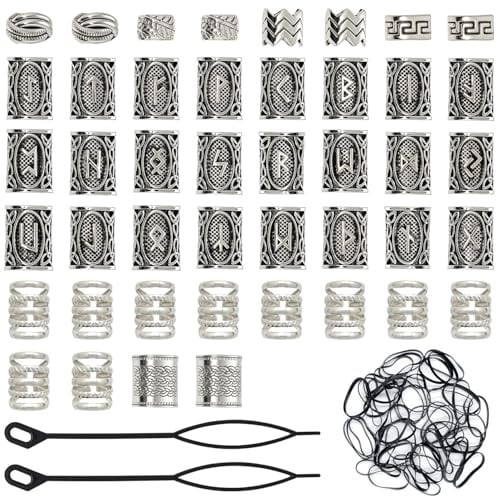 44 Piezas Accesorios Pelos, Joyería Adornos Pelo Mujer Hombres, Cierres de Rastas para Pelo Trenzado Joyería Vikingo para Trenzas DIY, con 50 gomas para el cabello y 2 herramientas