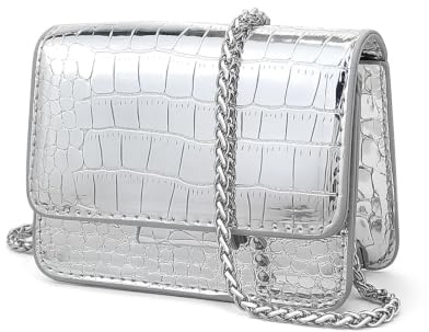 Tupenofif Umhängetasche Damen, Handtasche Silber Metallic & Mini Crossbody Bag, Krokodiloptik Abendtasche für Party & Ausgehen, Kette Schultertasche Glänzend Y2K Chic