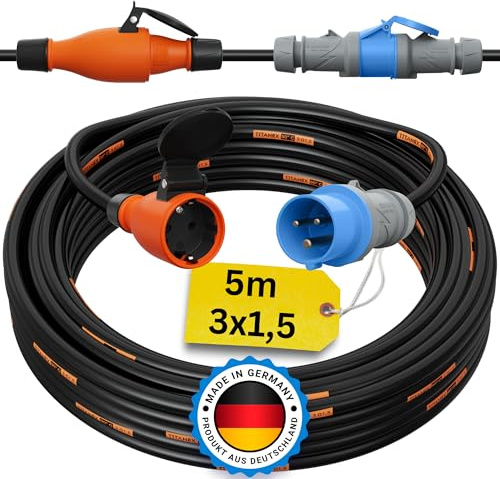 CEE auf Schuko Adapter 5m Camping Stromkabel TITANEX 3x1,5 Landstromkabel Wohnmobil Wohnwagen Kabel Camping Adapter 5 Meter Strom Verlängerungskabel CEE-Stecker Campingstecker