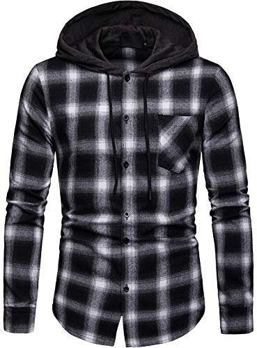 Iris Sprite Sweat à Capuche Homme Chemise Carreaux avec Poche Poitrine Épissage Manches Longues (Noir et Blanc - A112, XXL)