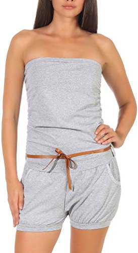 malito - Damen Jumpsuit - Einteiler mit Gürtel & Taschen - Bandeau Sommer Overall - kurzer trägerloser Playsuit - unifarbener Romper 8964 (Hellgrau)