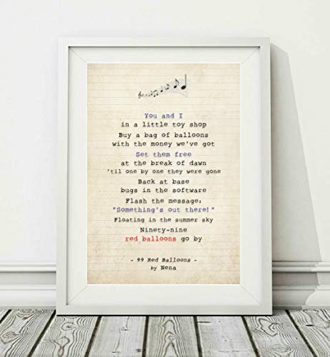 Didymus Co Nena - 99 Red Balloons - Liedtext-Kunstdruck (UNGERAHMT) - Verfügbare Poster Druckformate A4 (29.7 x 21cm) und A3 (42 x 29.7cm) (A3)