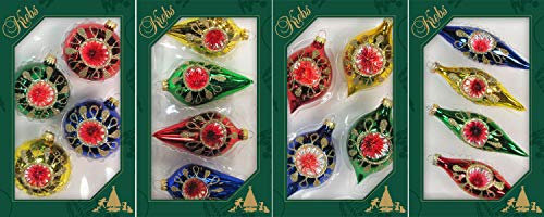 Krebs Glas Lauscha Weihnachtsdekoration/Christbaumschmuck aus Glas - 4er Boxset je 4 Weihnachtsbaumanhänger - Motiv: Bunt Reflex Glitzerdekor - Größe: ca. 10 cm
