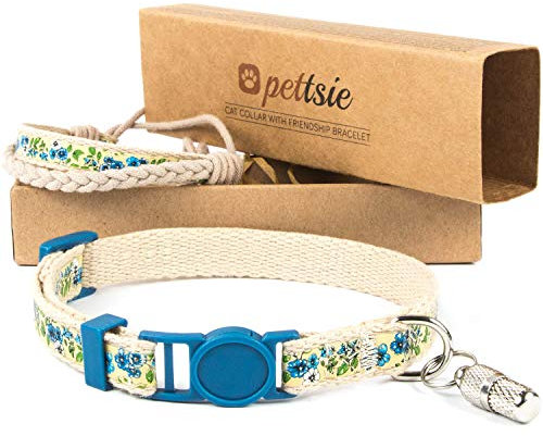 Pettsie Katzenhalsband mit Sicherheitsverschluss und Freundschaftsarmband für Sie, ID-Tag enthalten, Starke Baumwolle, D-Ring für Zubehör, einstellbare Größe 19-29 cm, Blau