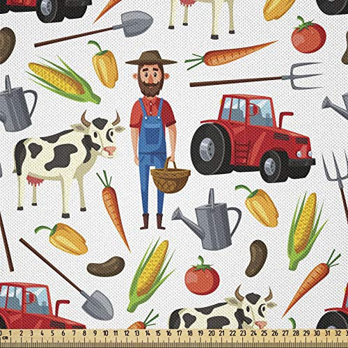 ABAKUHAUS Bauernhof Stoff als Meterware, Gärtner Landwirtschaft Traktor, Seidiger Satin Stoff für Polster Heimtextilien, 1M (160x100cm), Mehrfarbig Rot