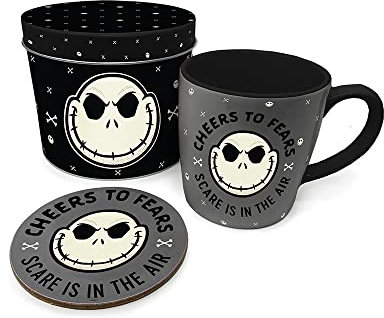 Disney's The Nightmare Before Christmas Tasse und Untersetzer Set (Cheers and Fears Design) in Geschenkdose, Kaffeebecher, 325ml Keramik-Kaffeetasse - Offizielles Merchandise