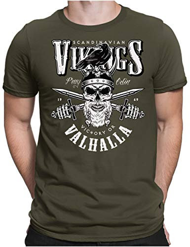 PAPAYANA - Vikings Valhalla - Herren Fun T-Shirt - Regular Fit - Wikinger Norwegen - Oliv - XL