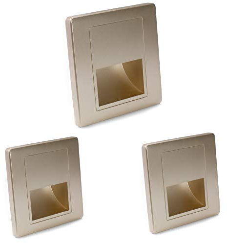 Juego de 3 focos LED empotrables para escaleras, color dorado, cuadrado, para montaje en pared LED, blanco cálido, 3000 K, IP30-1,5 W, iluminación de escalera, iluminación interior de 230 V