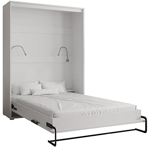 KRYSPOL Bett im Schrank Home, Vertikal, Schlafzimmer, Jugenzimmer, Modern Design (Weiß matt + Schwarz matt, 140 x 200 cm)