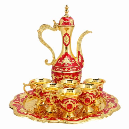 KUIDAMOS Vintage Türkische Kaffeekanne Set, Vintage Türkische Kaffeekanne mit 6 Kaffeetassen, Türkische Kupfer Kaffeetasse Set, Einschließlich Craft Tea Tray Teekanne und Teetassen(Red)