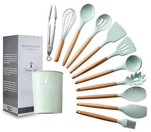 11 pezzi di pentole in silicone set manico in legno resistente al calore gadget da cucina secchio di stoccaggio pentole antiaderenti (verde)