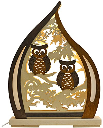 Ratags | Holz LED Romantik Leuchte | beleuchtet | Wohnzimmer Deko Dekoration | Original Erzgebirge | Eulen braun 31x43cm