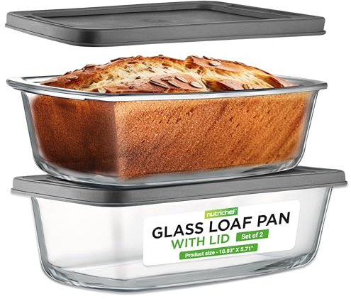 NutriChef 2 Sets Kastenform – 1.7 l stapelbar, hochwertiges Premium-Glas, Lebensmittelbehälter mit luftdichtem Verschlussdeckel, BPA-frei, auslaufsicher, für Brot, Kuchen und Gebäck