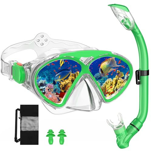 JEMULICE Maschera Subacquea Bambini, Set da Snorkeling per Bambini con Tubi a Secco e Occhiali da Snorkeling Anti-Fog Panoramica a 180 Gradi, Snorkel Set, Maschera Snorkeling per Bambino e Adolescenti