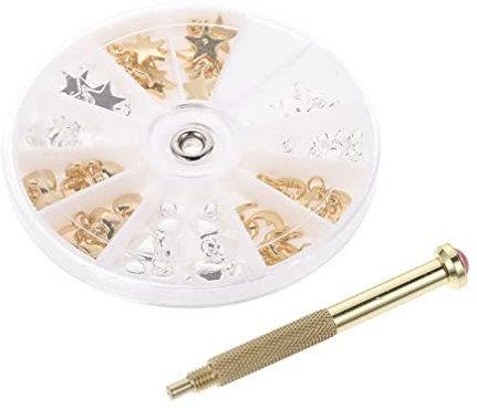 Lurrose 1 Set Dangle Nail Charms Alloy Letter Nail Piercing Charms Rhinestone Nail Rings Crystal Metal Nail Charms Nail Jewelry with Nail Piercing Tool Hand Drill for Nail Tip Decoration