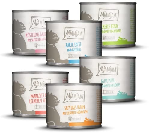 MjAMjAM - Premium Nassfutter für Katzen - Probierpaket, 6er Pack (6 x 200 g), getreidefrei mit extra viel Fleisch