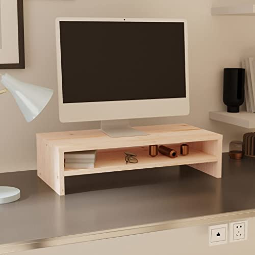 WIFESE Support de Moniteur 50x24x13 cm Beige Bois de Pin Massif Solide Support TV Conception Elégante Support d'ordinateur avec Rangement Rehausseur Ecran PC Bureau Maison Chambre
