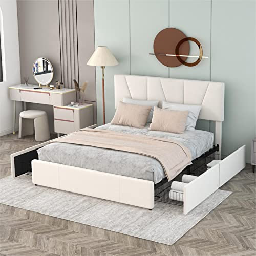 Azkoeesy Polsterbett 160x200 cm mit 4 Schubladen, mit Lattenrost, Doppelbett,Jugentbett, Stauraumbett, Bezug aus Samt, Beige