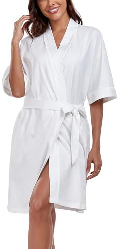 COLORFULLEAF 100% Baumwolle Morgenmantel Damen Leicht Bademäntel Kurz Sauna Kimono Weiche Frauen Nachtwäsche für Sommer(Weiß,2XL)