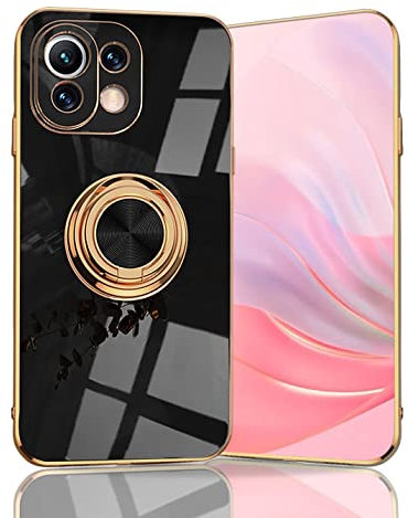 BORYA Coque pour Xiaomi 11 Lite 5G NE/Xiaomi Mi 11 Lite, Très Mince Antichoc Premium TPU Bumper Souple Silicone Housse, Élégant Électrolytique Bord Or 360°Anneau Support Étui, Noir