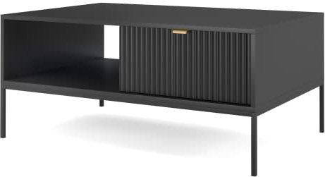 GRAINGOLD Moderner Couchtisch Amber Schwarz T68 x B104 x H46 cm – Kaffeetisch im Industriellen Stil – Rechteckiger Wohnzimmertisch mit Schublade, eleganter Sofatisch für Wohnzimmer