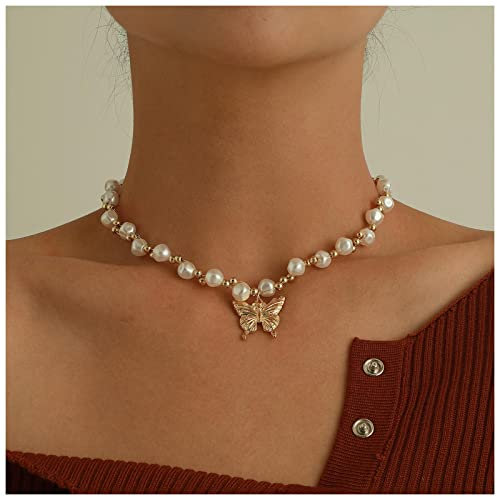 Inateannal Perle Schmetterling Choker Halskette Gold Schmetterling Anhänger Halskette Perle Kette Halskette Choker Barock Perlen Halskette Schmuck Für Frauen Und Mädchen Geschenke