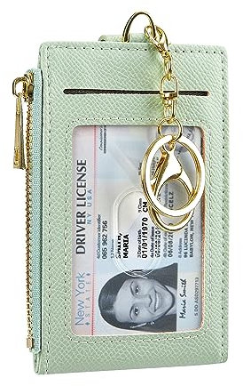 Cynure Damen & Herren Leder RFID Blocking Kartenhalter Slim Small Zipper Keychain Fronttasche Geldbörse mit 2 ID Fenster, Hellgrün, Einheitsgröße