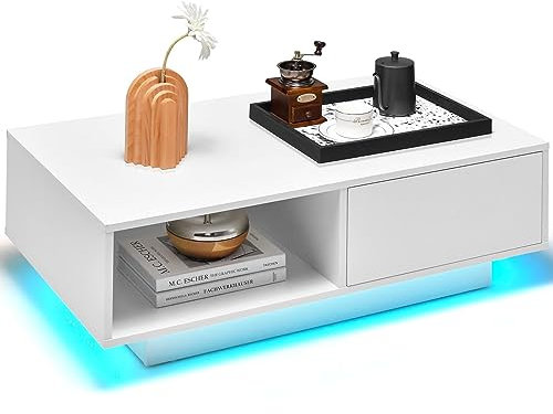 CASART LED Coffee Table, High Gloss Side Table Center Table with Drawer, Storage Shelf, 20 RGB LED Lights, Adjustable Brightness & Speed, Wooden Tea Table Accent Table for Living Room Office (White)