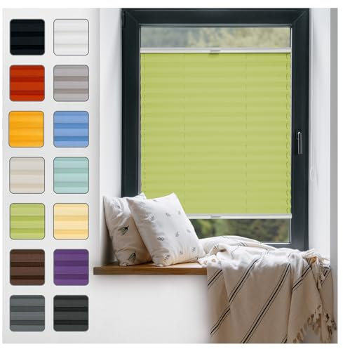 Fenster Plissee ohne Bohren zum Kleben Innenrahmen - Thermo Plisseerollo Innen - Rollo Jalousie, Halterungen auf Rahmen, Faltrollo, Sichtschutz, Blickdicht, für Fenster & Tür - Grün, 105 x 110 cm