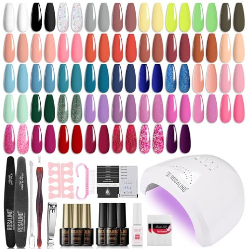 ROSALIND Set Starterset mit lampe 48W, 43 Farben UV Nagellack Starterset Weiß Schwarz Grau Rosa Braun Blau Glitzer Gelnägel Starterset Gellack Nägel Nagelstudio Set