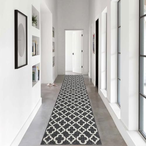 U'Artlines Langer Läufer für Flur, 6 x 3 m, rutschfest, für Küche, Boden, Teppichläufer, schwarzes geometrisches Muster, maschinenwaschbar, für Eingangsbereich, Badezimmer
