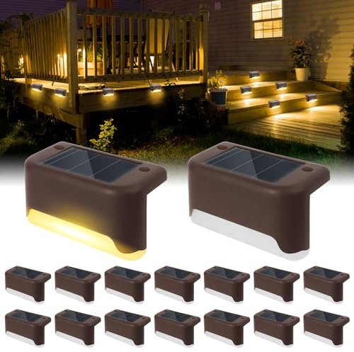 16 Piezas Luces Solares para Valla,Luces Solares de Led para Terraza y Escalones Luz de Cerca Solar Impermeable IP65 Blanco Cálido Luz Solar Jardín Lámpara LED Solar para Escaleras,Camino,Patio,Pared