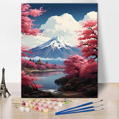 TISHIRON Mt Fuji am See Kawaguchiko Malen nach Zahlen Kit für Erwachsene, Acrylfarbe auf Baumwolle Leinwand, 16x20 Inch, Realistisch, Premium-Qualität Materialien und Benutzerfreundlichkeit