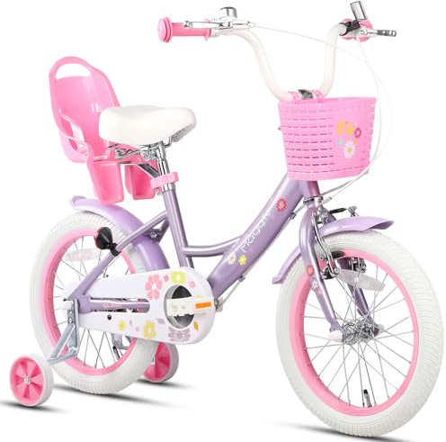 Glerc Maggie 16 Zoll Mädchen Fahrrad Alter 4 5 6 7 Jahre, Kinder und Kleinkinder Prinzessin Fahrrad Barbie Fahrräder mit Puppe-Sitz & Korb & Stützräder für Geschenk, lila