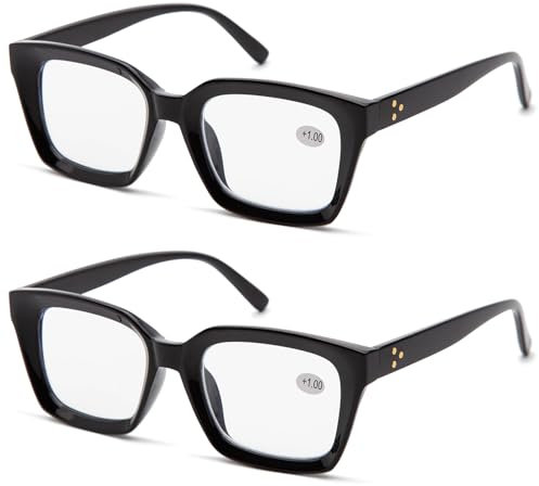 Amorays Lesebrille Oversize Square Frame Vintage Anti Blaue Licht Lesebrille Lesehilfe Damen Herren 6561, Schwarz und Schwarz, 2.00