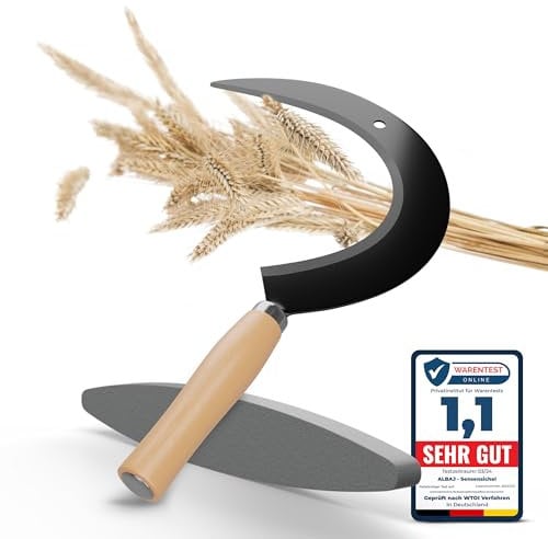 ALBAJ Falce rotonda con manico in legno – falce tradizionale affilata – falce sostenibili 35 x 22 cm – inclusa pietra affilatrice – robusta falce per erba