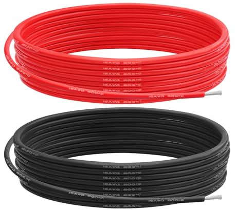 16AWG Cavo Elettrico Silicone, 16 Gauge 1.27 mm² 10m(5m Rosso + 5m Nero), Flessibile 252 Fili 0,08 mm di Rame Stagnato Filo ad Alta Temperatura per Auto RC/Marine/Droni/Barche/Arduino