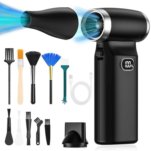 Compressed Air Cleaner for PC, Electric Air Duster Speed Adjustable 110000RPM Rechargeable Air Blower with LED Display Reusable PC Cleaning Kit for Laptop/Computer/Keyboard/Car (Black)