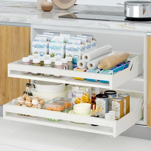 Mointal Erweiterbarer Ausziehbarer Schrank-Organizer, Teleskopische Küche Schiebeschublade, Ausziehbares Regal Unter der Spüle, Keine Schraube/Stanze, Breite Einstellbar, Weiß