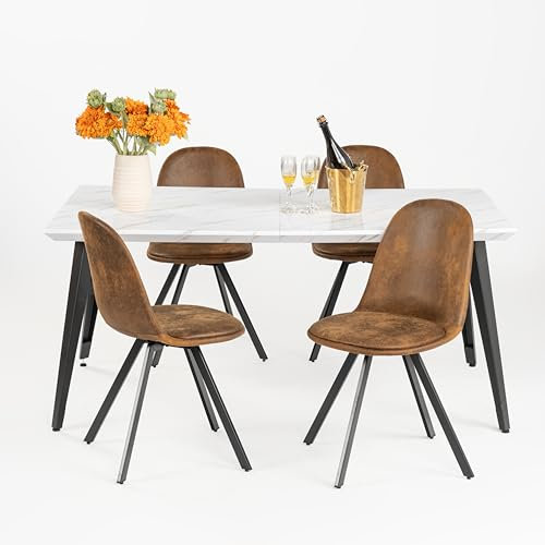 FurnitureR 5 Stück Vintage Rechteckiges Esszimmer Set Marmor Weiß Tisch mit 4 Wildleder Drehstuhl Esszimmerstühle Küchenstühle Küchentisch Sets Wildleder Braun Stühle