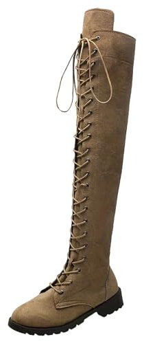 Stivali da donna alla moda a punta tonda con tacco alto sopra lacci stivali alti al ginocchio stivali con tacco grosso per le donne coscia alto, cachi, 37 EU