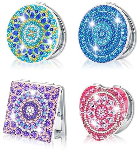 Ghope DIY Diamant Gemälde Kompakte Spiegel Tragbarer 4PCS Diamond Painting Mirror Taschenspiegel Personalisiert Reisespiegel Faltbarer Geldbörsenspiegel für Mädchen und Frauen Geschenke